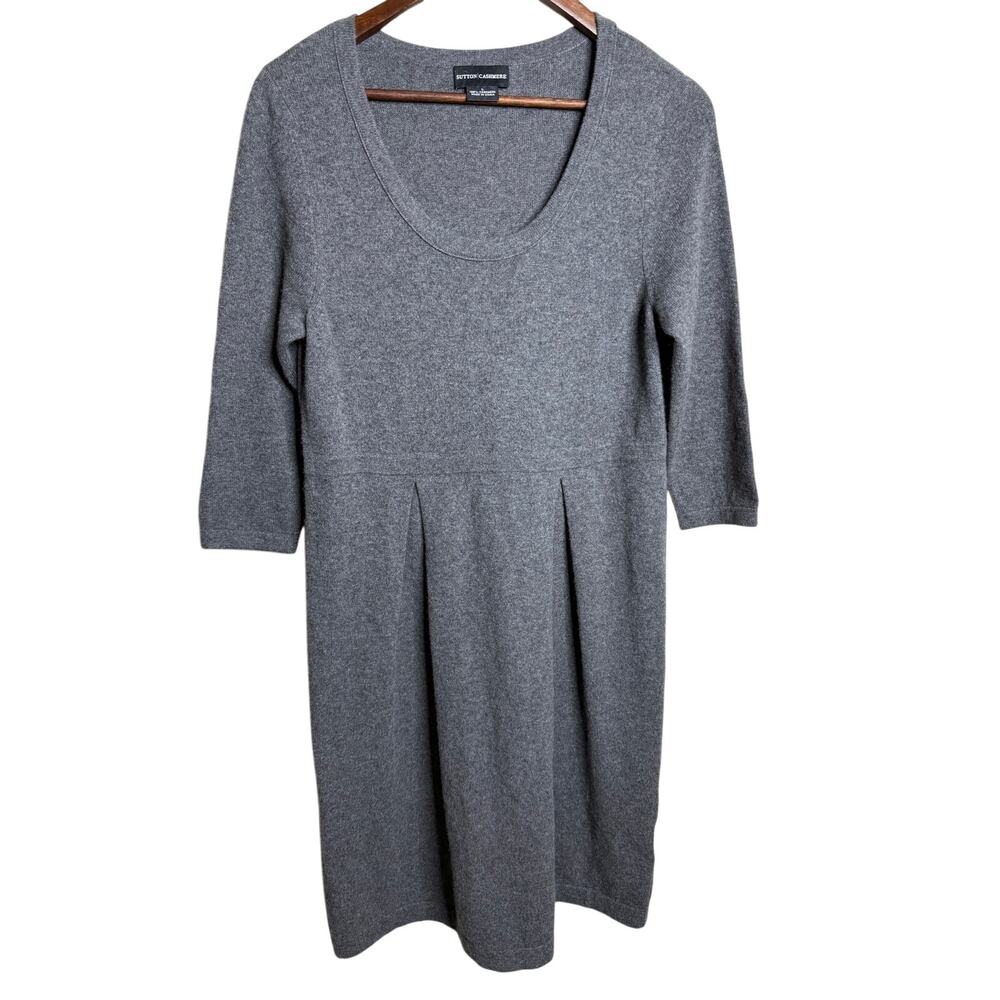 Sutton Cashmere 100% Cashmere Sweater Dress L Pleated 3/4 Sleeve Quiet Luxury
